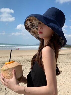 Women Wide Brim Summer Sun Hat Wired Edge Beach Bucket Fishing Hats Navy